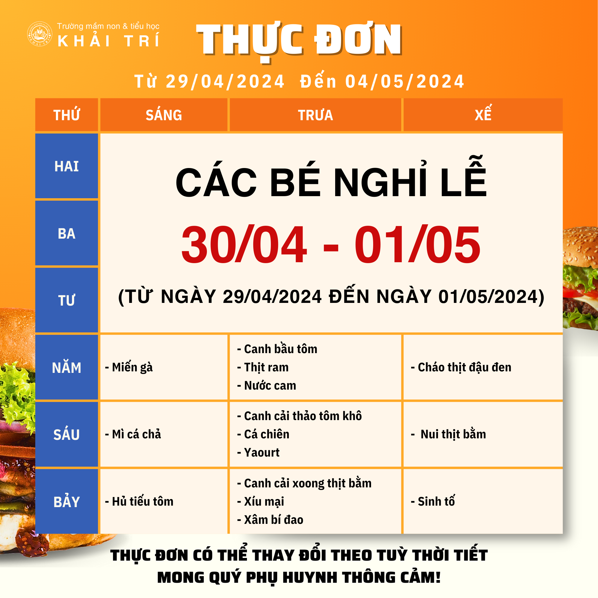 Thực Đơn Tuần Mới (Từ 29/04/2024 - 04/05/2024)